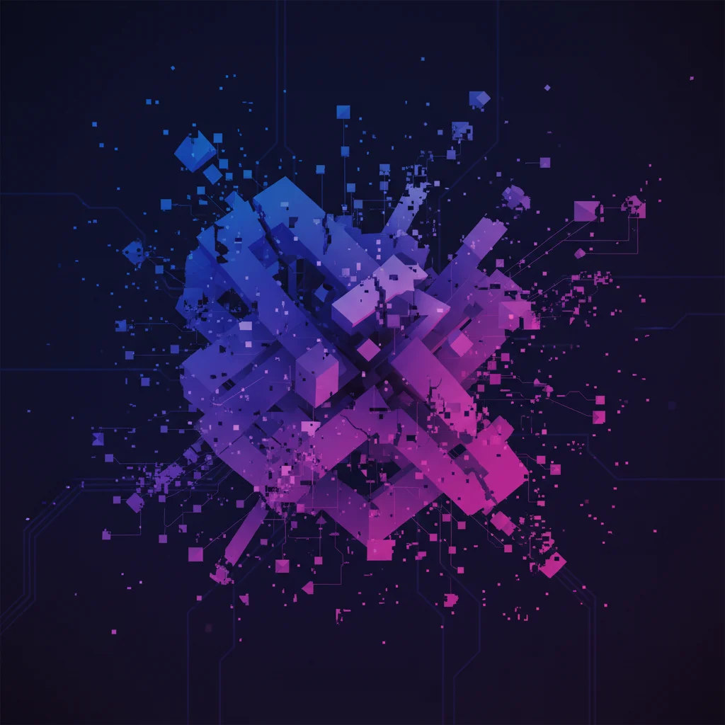 Abstract broken geometric shapes with purple gradients