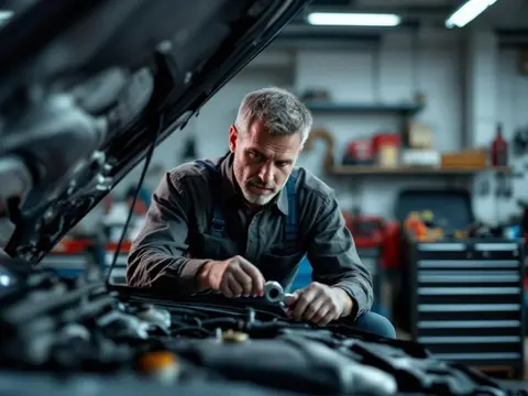 Auto mechanic working under the hood of a car in a clean repair shop