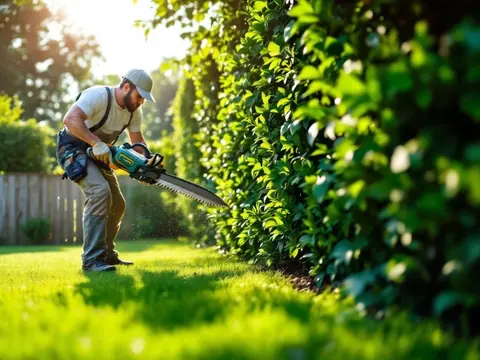 Landscaper trimming a lush green hedge in a well-kept garden