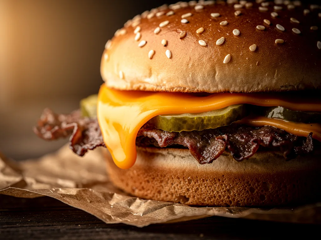 Close-up of The Original smash burger — single patty with dark-seared crust and American cheese dripping onto parchment paper