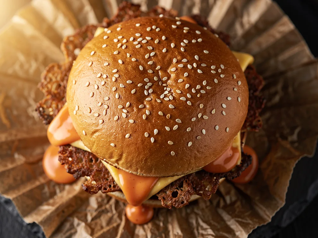 Overhead bird's-eye view of a Flat Iron double smash cheeseburger — patty overhang and cheese visible around the bun edge