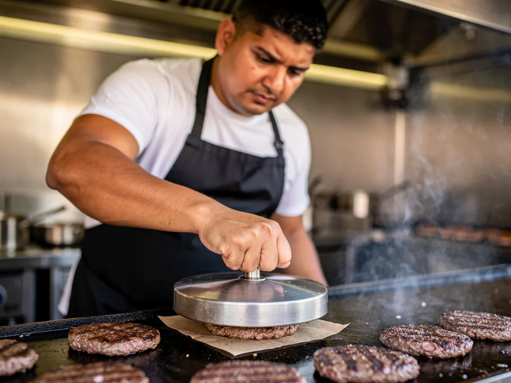 Marco pressing a smash patty with a heavy burger press on the flat iron griddle, steam rising