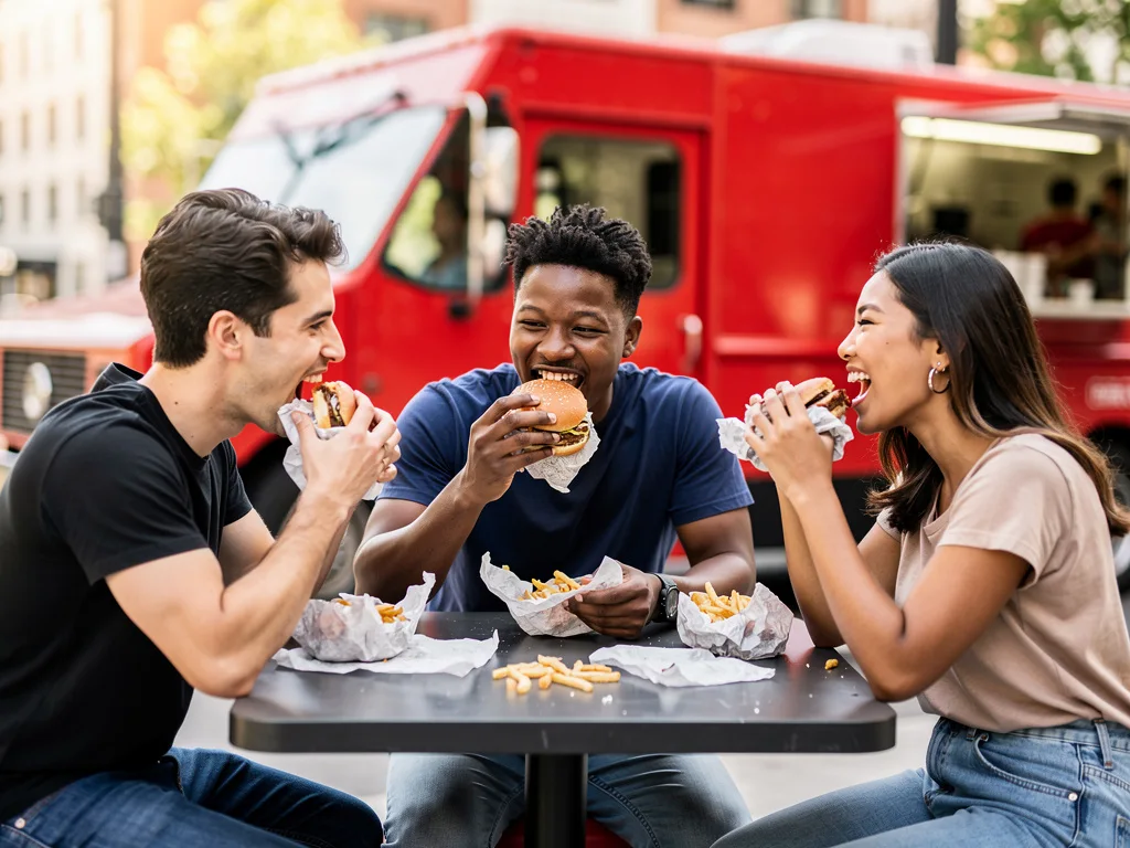 Group of customers laughing and eating Flat Iron smash burgers at an outdoor table, red food truck in background