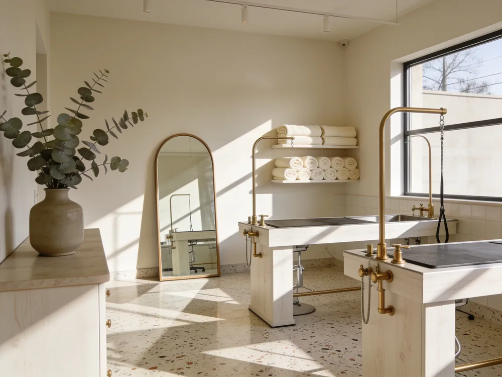 Pawfect's serene grooming studio interior with white oak tables, arched mirror, and morning light